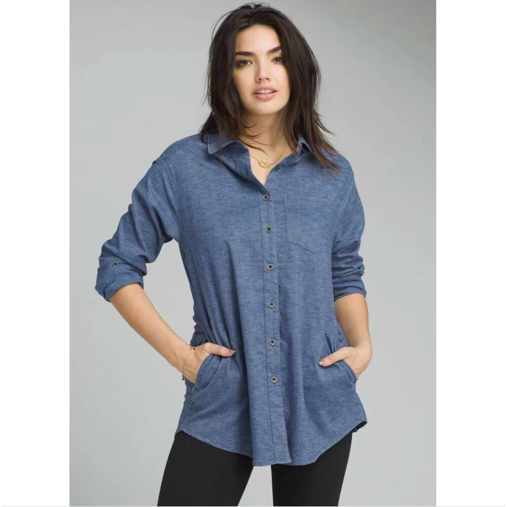 PRANA Aster Tunic Top Women's S Chambray Blue Long-Sleeve Pockets Casual Hike